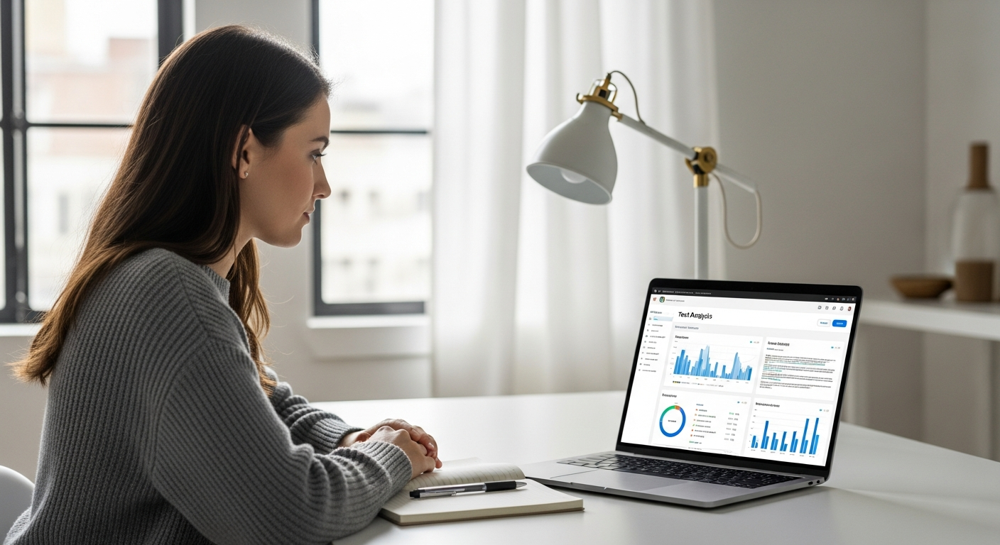 Woman uses a laptop for text analysis