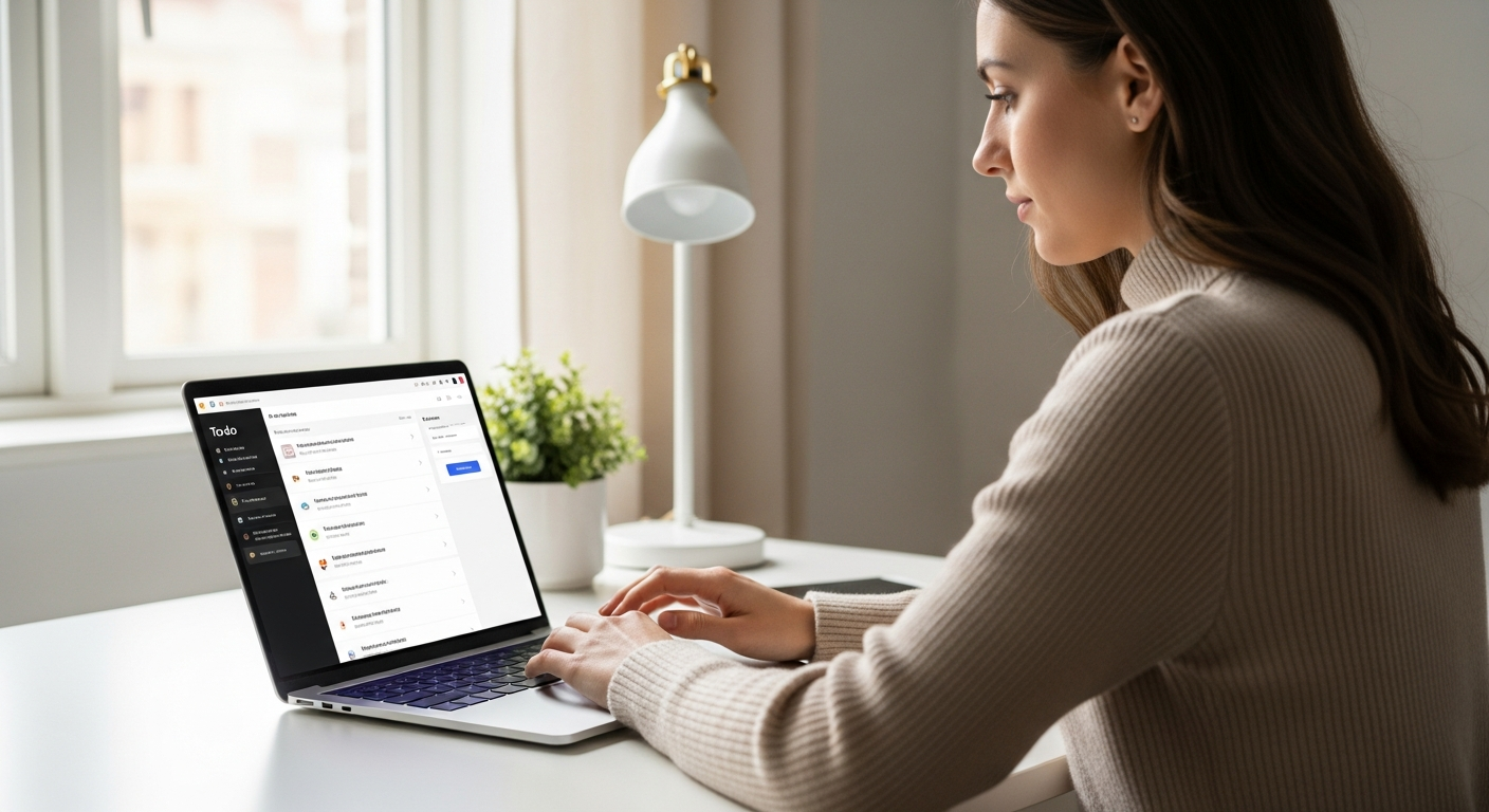 Woman using a laptop with an AI to-do list application.