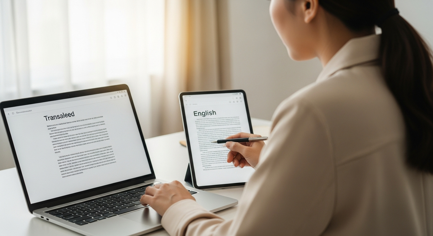 A woman reviews translated text on a laptop in an office setting.