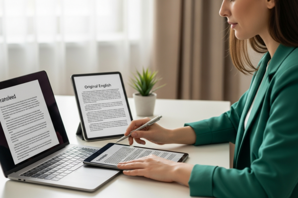 A woman reviews translated text on a laptop.