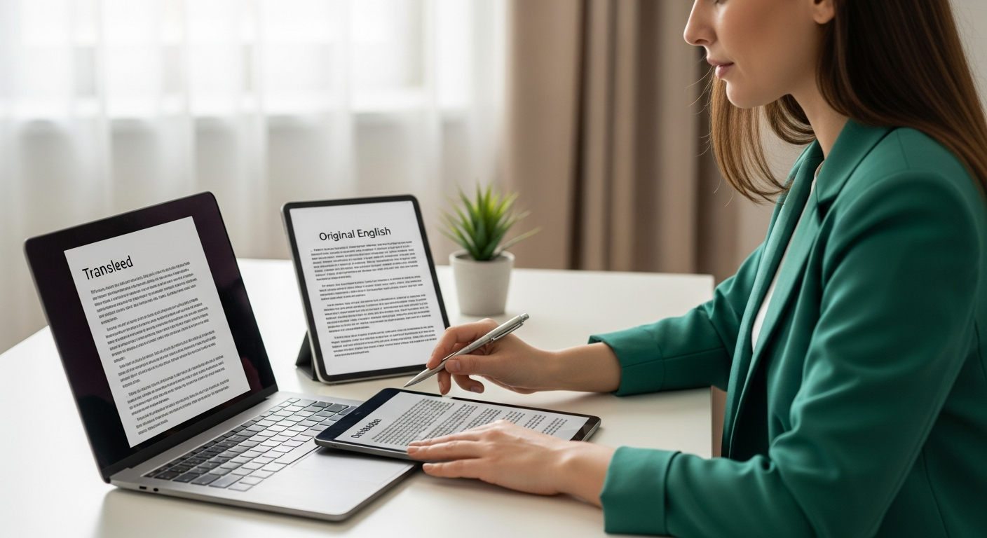 A woman reviews translated text on a laptop.
