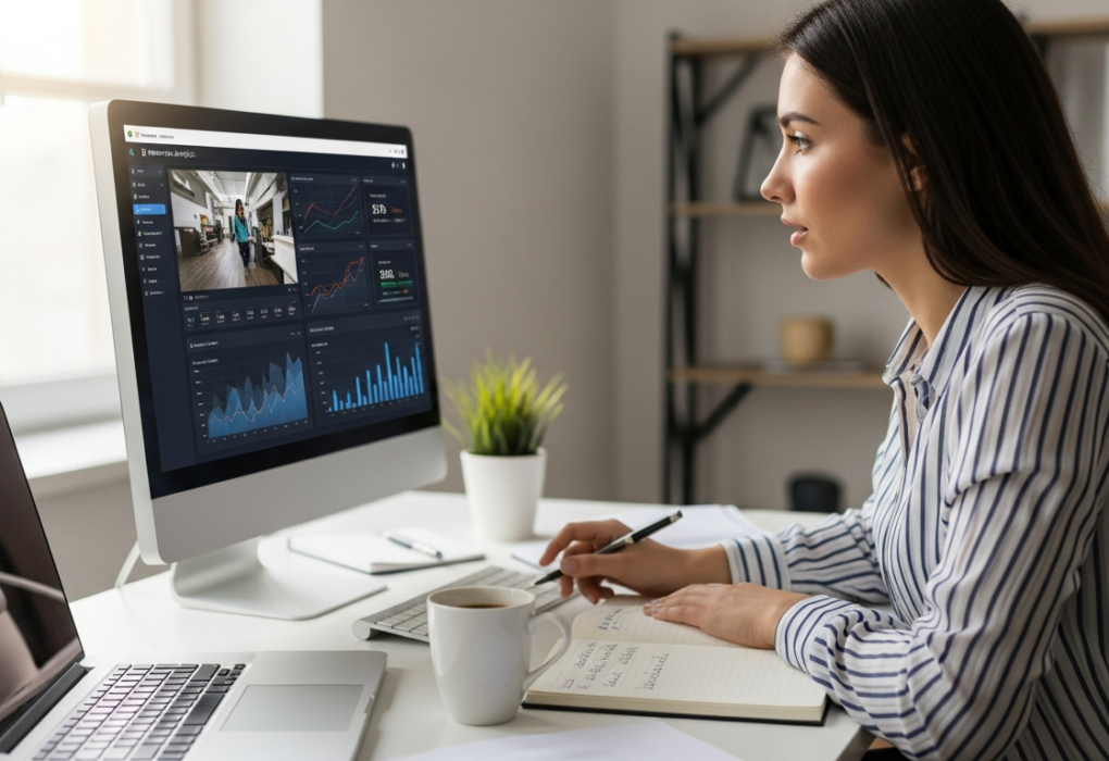 Woman analyzing video data on a computer screen
