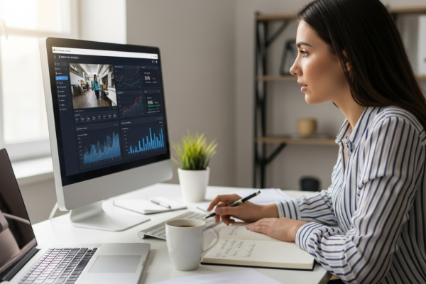 Woman analyzing video data on a computer screen