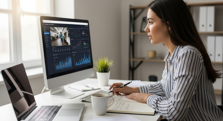 Woman analyzing video data on a computer screen