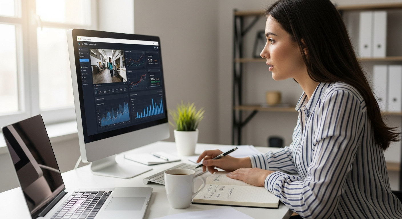 Woman analyzing video data on a computer screen
