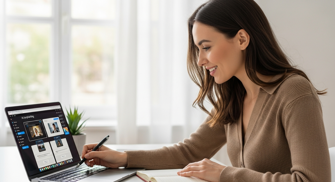 Woman using a laptop to create a video script with AI