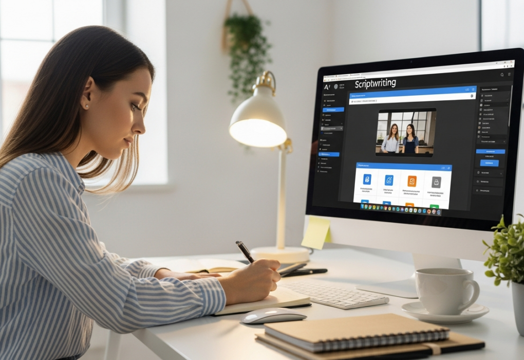 Woman writing a video script using AI software on a computer.