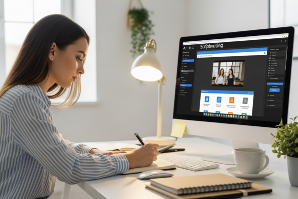 Woman writing a video script using AI software on a computer.