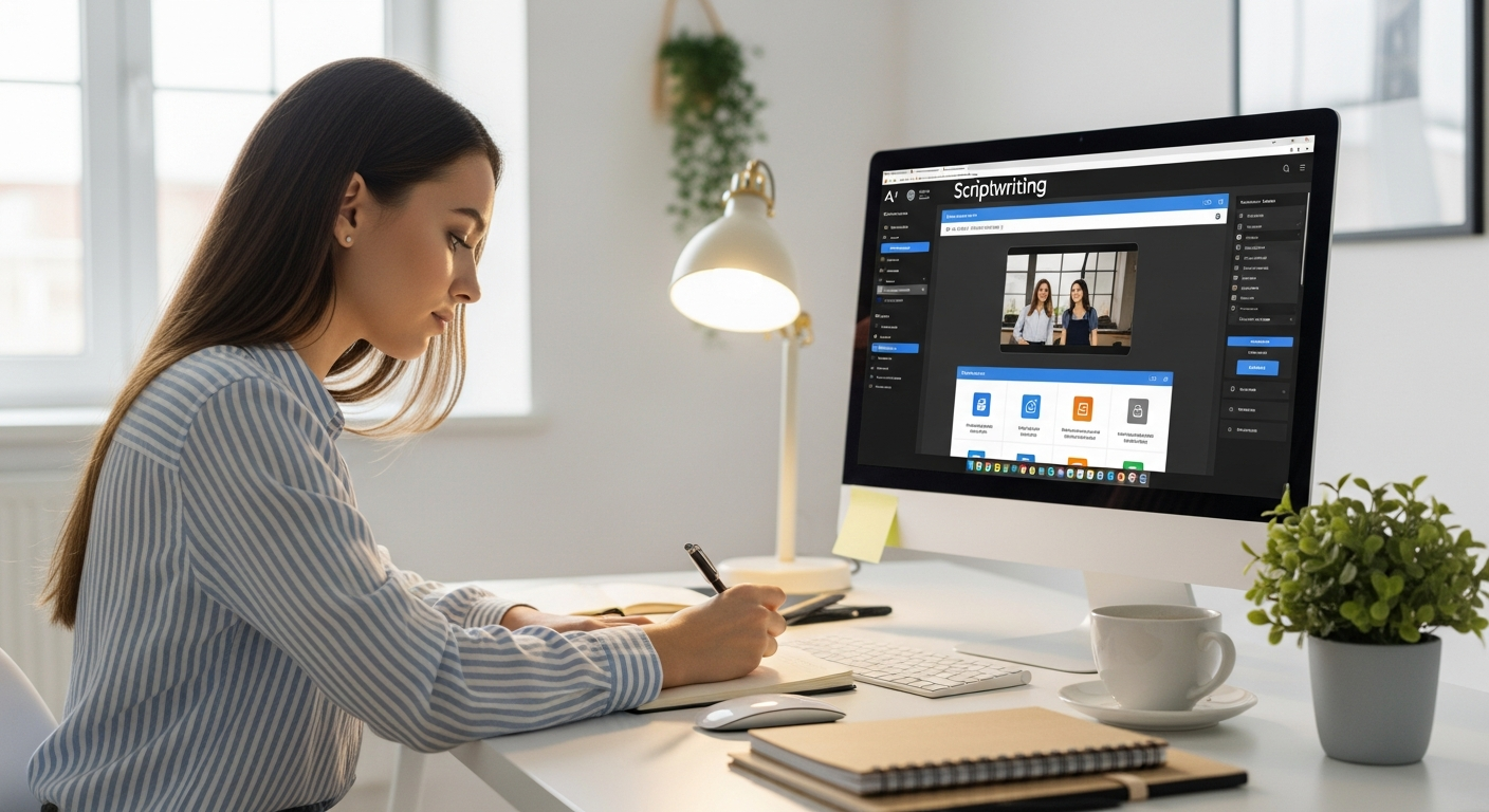 Woman writing a video script using AI software on a computer.