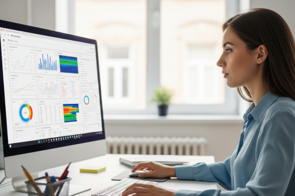 Woman analyzing website data on a computer screen in an office