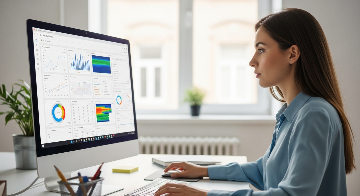 Woman analyzing website data on a computer screen in an office