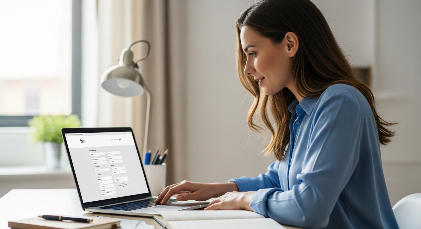 Woman using a laptop to write website copy