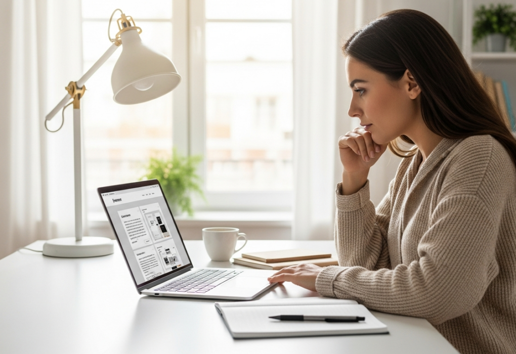 A woman works on website copy using AI tools on her laptop.