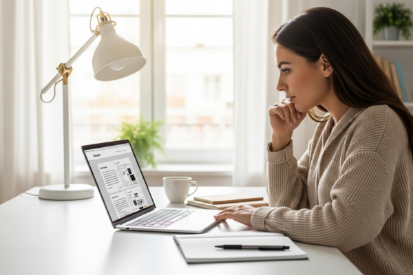A woman works on website copy using AI tools on her laptop.