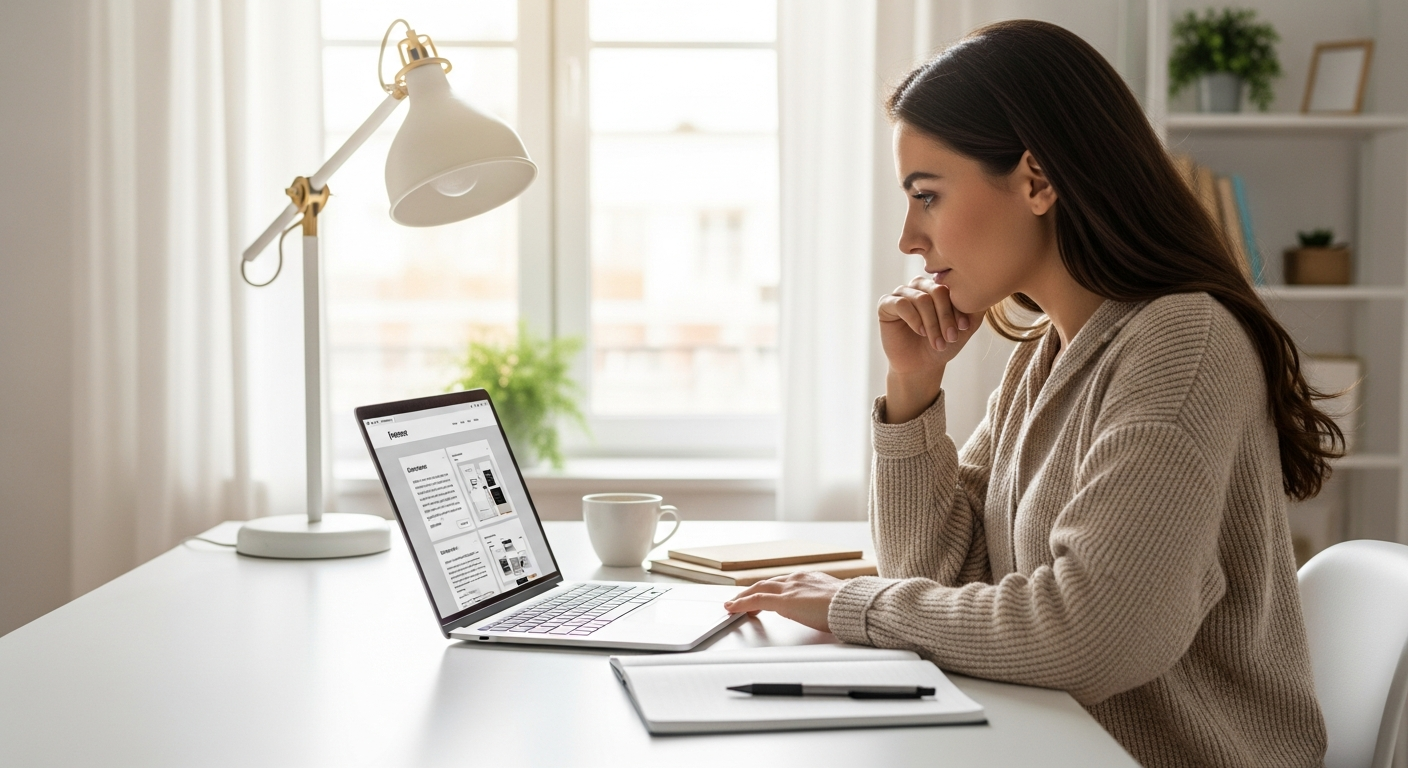 A woman works on website copy using AI tools on her laptop.