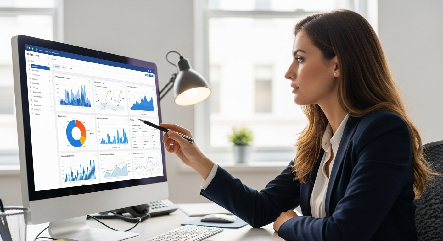 Woman analyzes website traffic data on a computer screen.