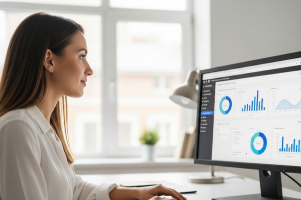 Woman analyzes website traffic data on a computer screen.