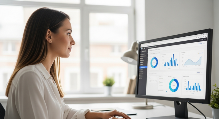 Woman analyzes website traffic data on a computer screen.