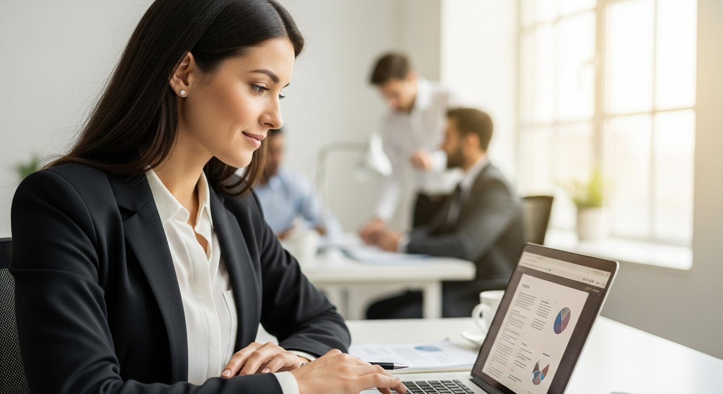 Woman working on a laptop in an office setting