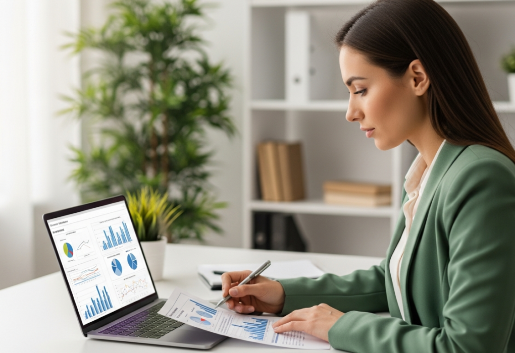 Woman working on a white paper on her laptop in an office