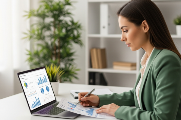 Woman working on a white paper on her laptop in an office