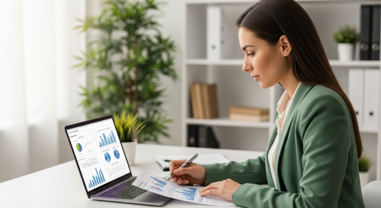 Woman working on a white paper on her laptop in an office