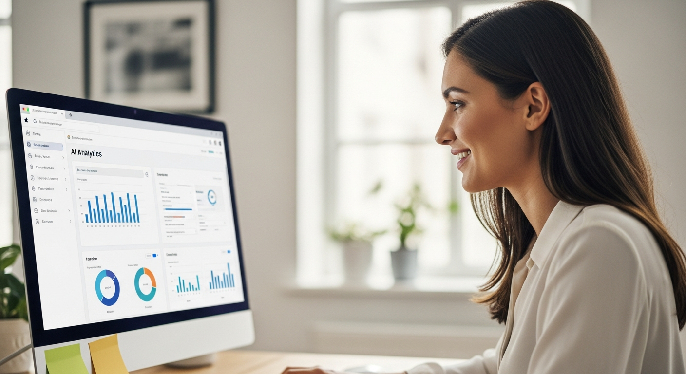 A woman analyzes data on a computer screen in an office.