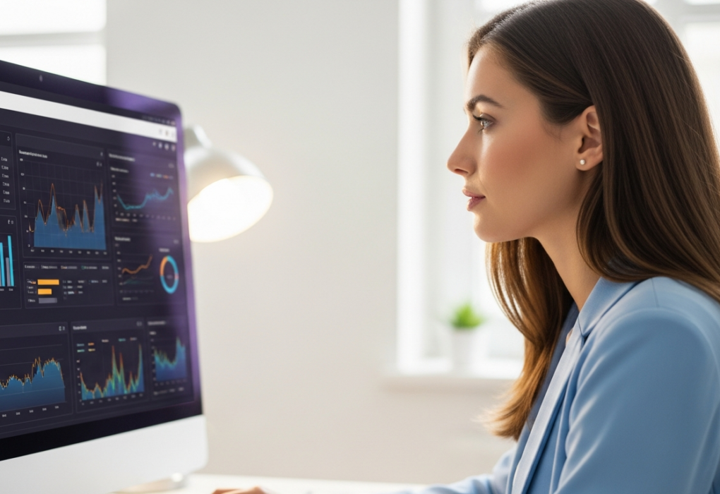 A woman analyzes data on a computer screen in an office.