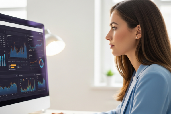 A woman analyzes data on a computer screen in an office.