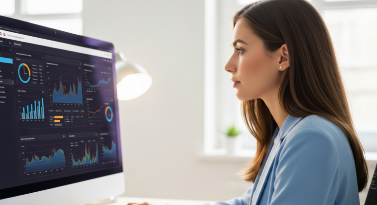 A woman analyzes data on a computer screen in an office.