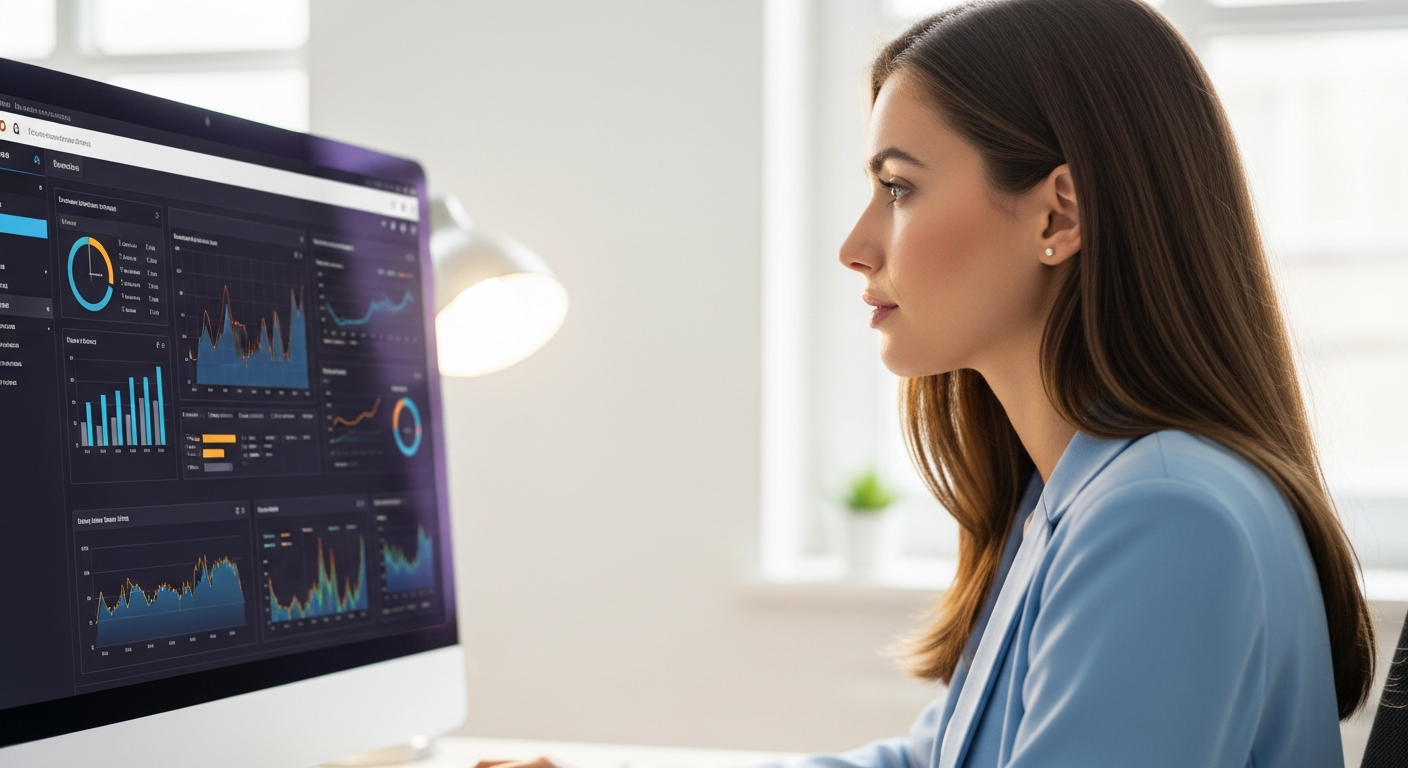 A woman analyzes data on a computer screen in an office.