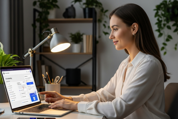 Woman using an AI tool to schedule appointments on her laptop