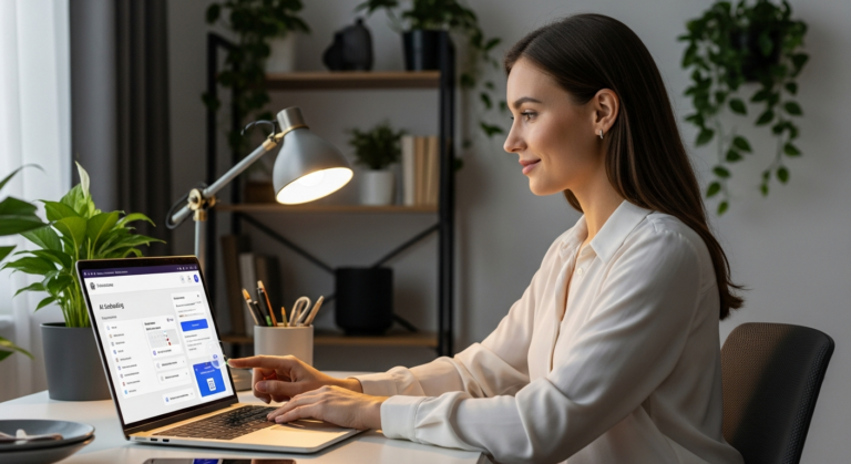 Woman using an AI tool to schedule appointments on her laptop