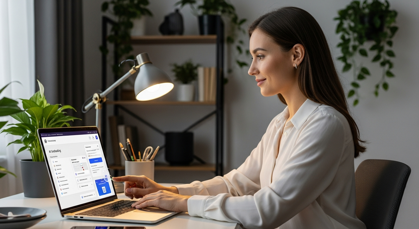 Woman using an AI tool to schedule appointments on her laptop