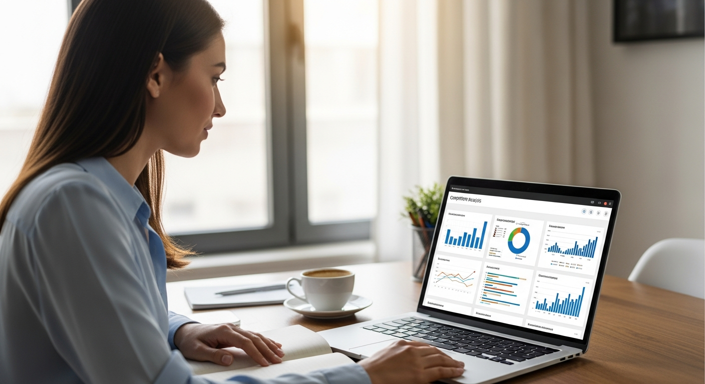 Woman analyzing competitor data on a laptop in a home office