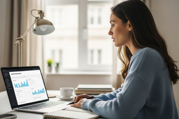 Woman analyzing competitor data on a laptop in a home office