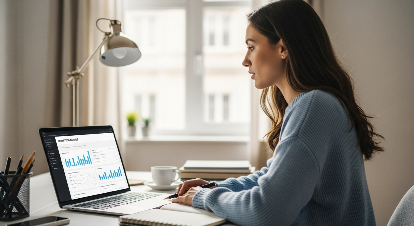 Woman analyzing competitor data on a laptop in a home office