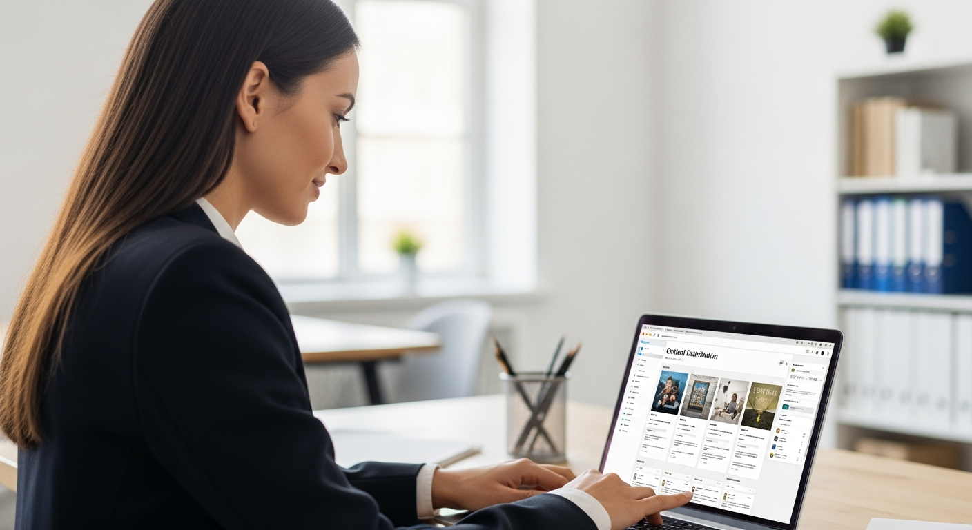 Woman using a laptop to automate content distribution