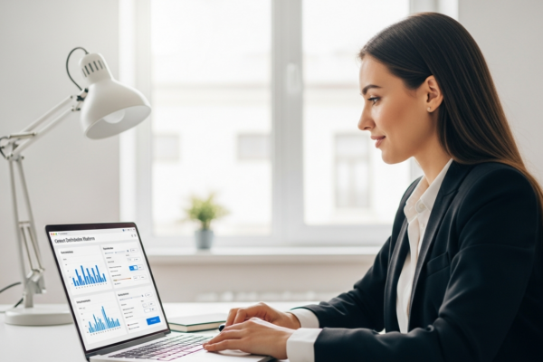 Woman using a laptop to automate content distribution