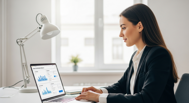 Woman using a laptop to automate content distribution