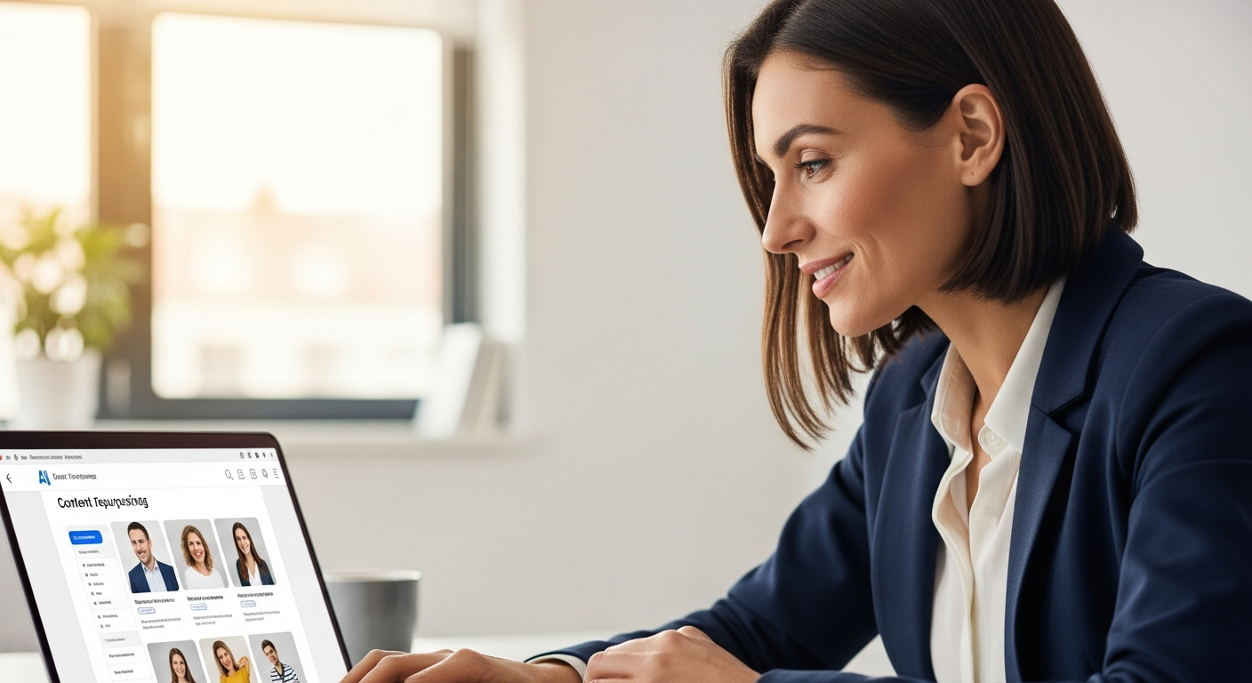 Woman using a laptop to automate content repurposing with AI.