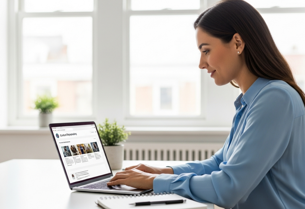 Woman using AI software to repurpose content on her laptop