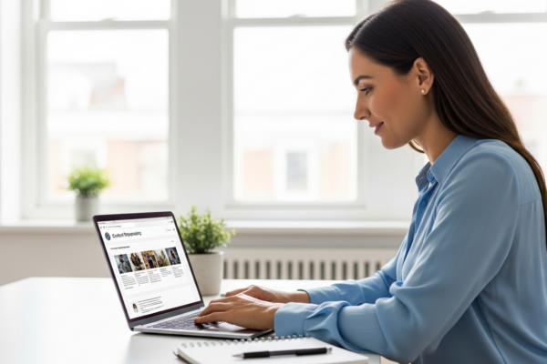 Woman using AI software to repurpose content on her laptop