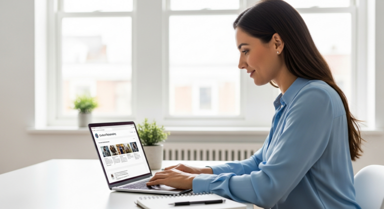 Woman using AI software to repurpose content on her laptop