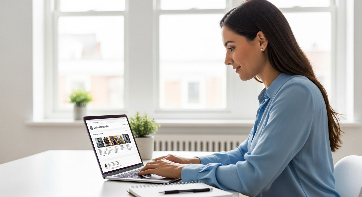 Woman using AI software to repurpose content on her laptop