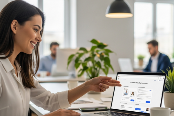 Woman showing automated onboarding process on laptop