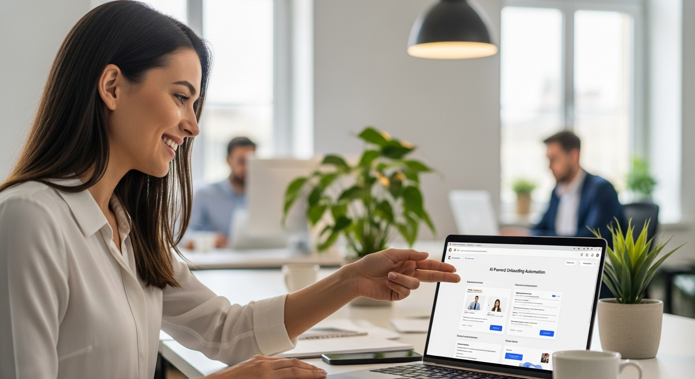 Woman showing automated onboarding process on laptop