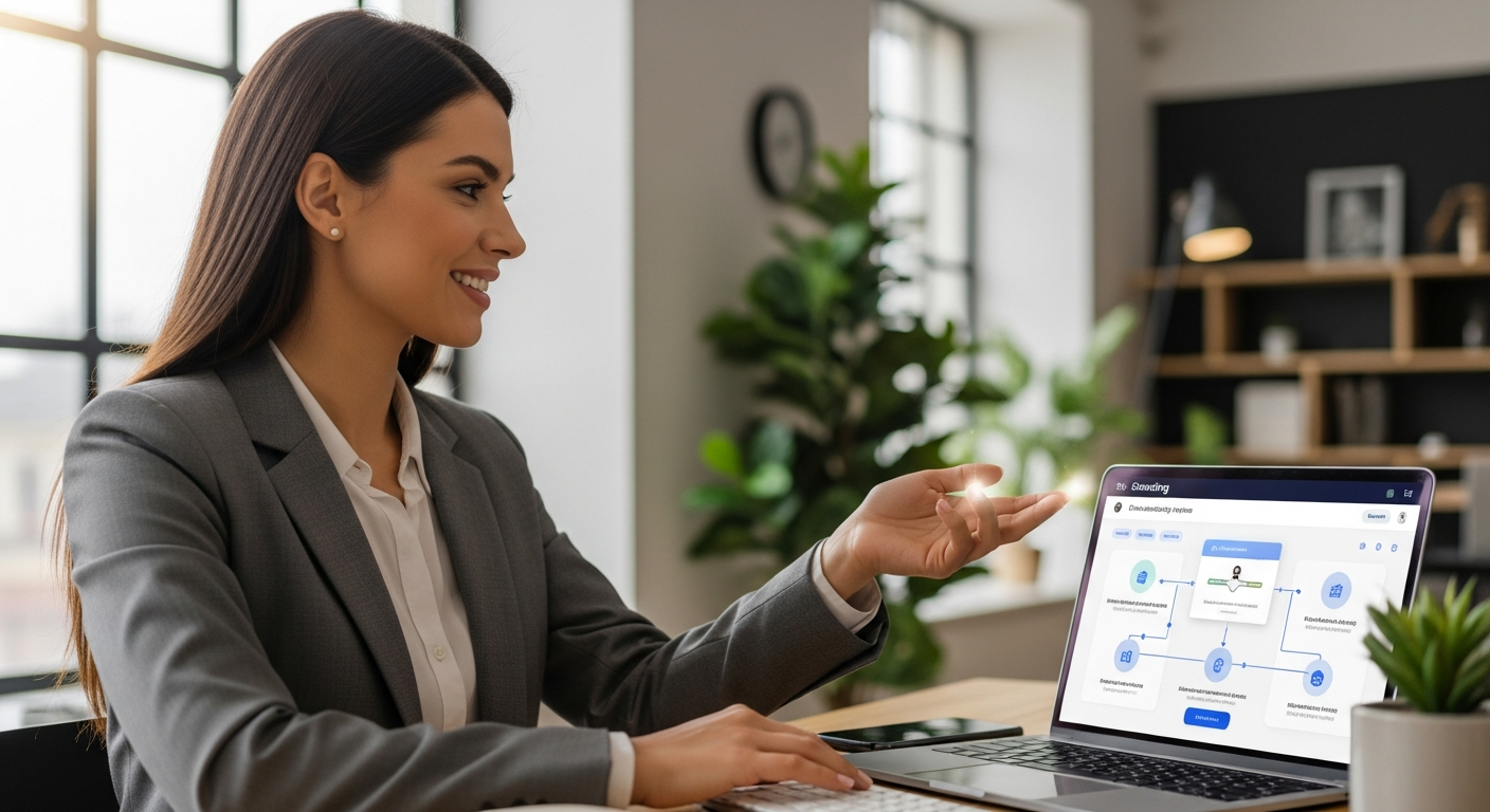 A woman uses a laptop to automate customer onboarding.