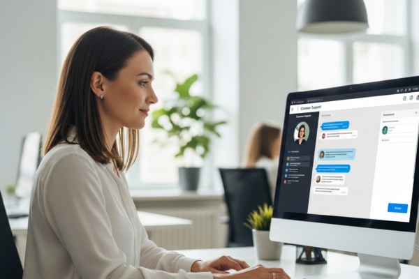 Woman using AI customer support software on a computer