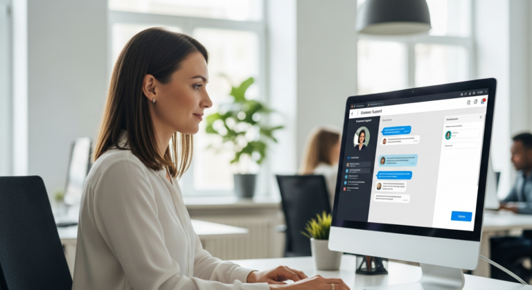 Woman using AI customer support software on a computer